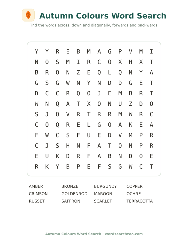 Autumn colours word search to print, a 12x12 grid with russet, ochre, burgundy and terracotta