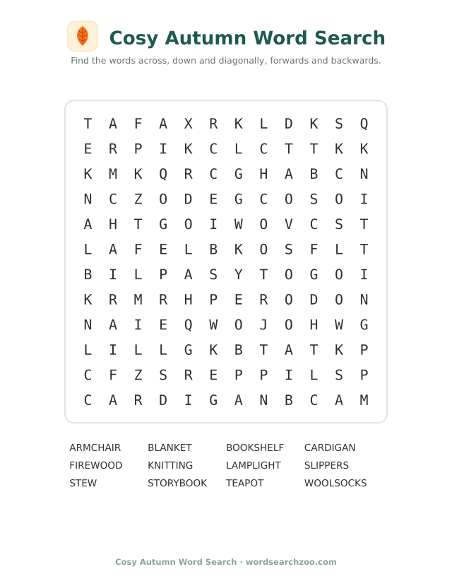 Cosy autumn word search to print, a 12x12 grid with blanket, armchair and lamplight