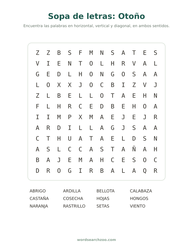 Sopa de letras de otoño