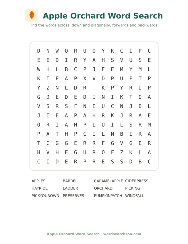 Apple orchard word search to print, a 13x13 grid with cider press, hayride and pick your own