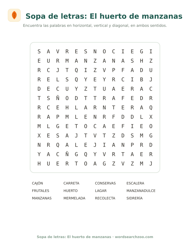 Sopa de letras del huerto de manzanas, tablero de 13x13 con lagar, recolecta y sidrería