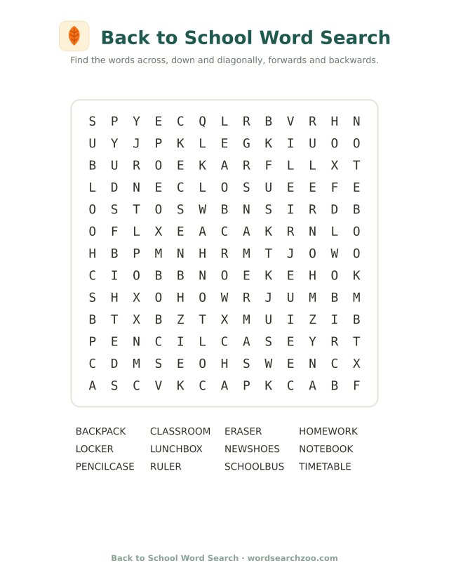 Back to school word search to print, a 13x13 grid with backpack, timetable and pencil case