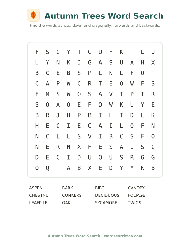 Autumn trees word search to print, a 12x12 grid with foliage, sycamore, conkers and deciduous