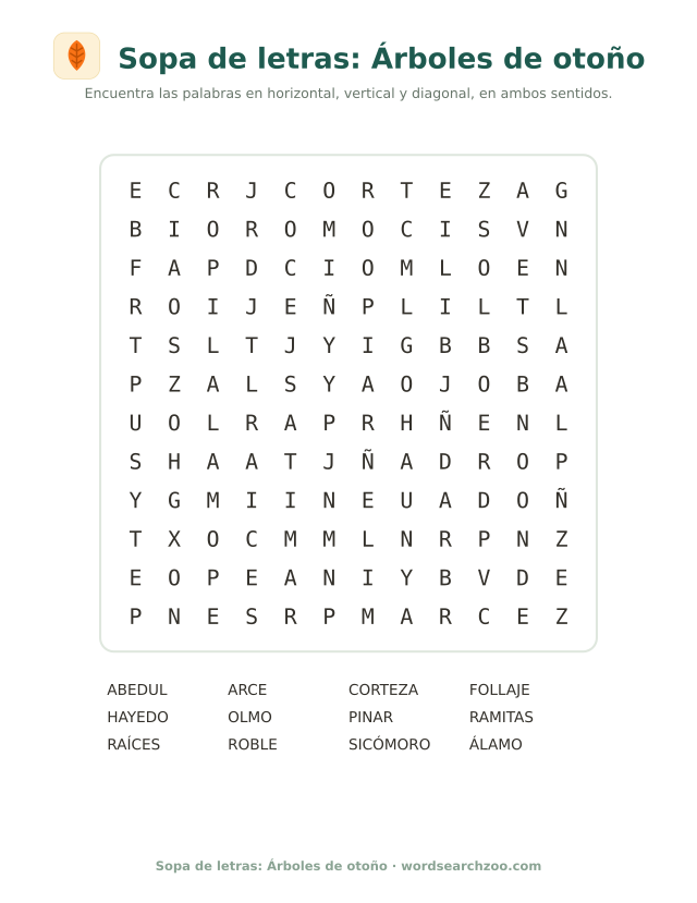Sopa de letras de árboles de otoño, tablero de 12x12 con follaje, abedul, arce y sicómoro