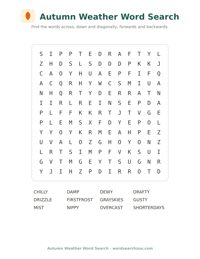 Autumn weather word search to print, a 13x13 grid with drizzle, overcast and first frost