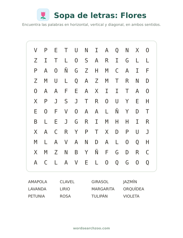 Sopa de letras de flores
