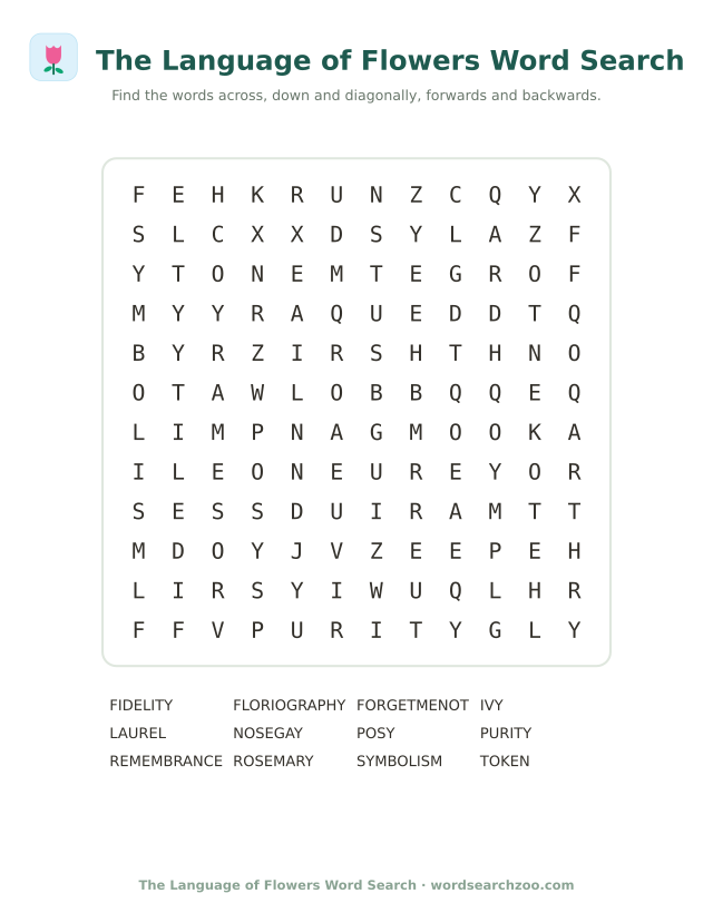 Language of flowers word search to print, a 12x12 grid with forget me not, floriography and nosegay