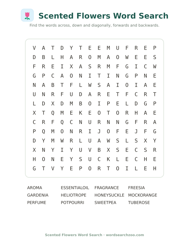 Scented flowers word search to print, a 14x14 grid with honeysuckle, gardenia and tuberose