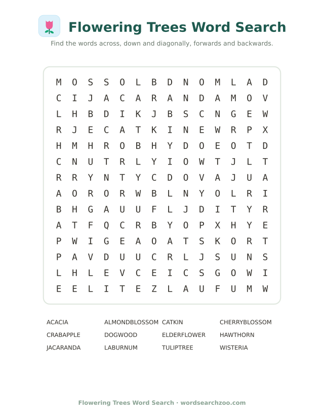 Flowering trees word search to print, a 14x14 grid with cherry blossom, wisteria and jacaranda