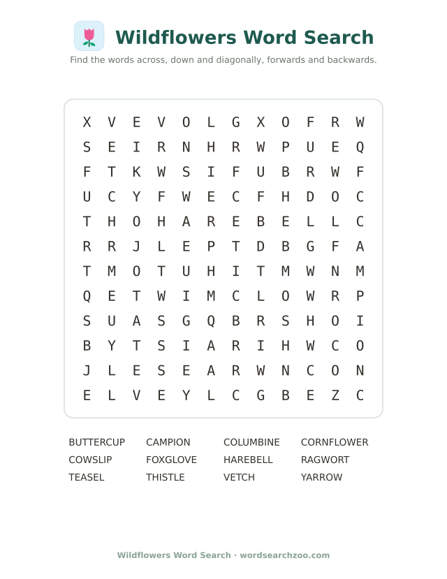 Wildflowers word search to print, a 12x12 grid with foxglove, cowslip, harebell and yarrow