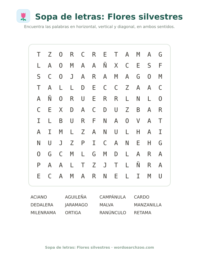 Sopa de letras de flores silvestres, tablero de 12x12 con dedalera, aciano y milenrama