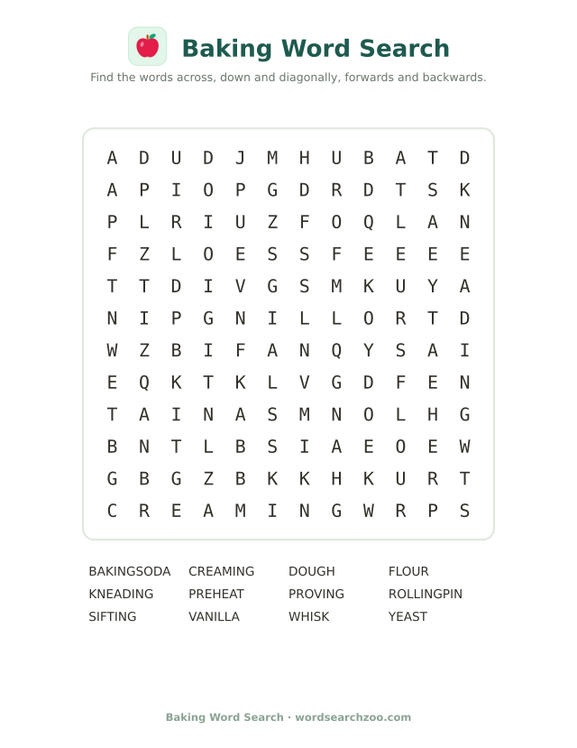 Baking word search to print, a 12x12 grid with kneading, rolling pin, yeast and proving