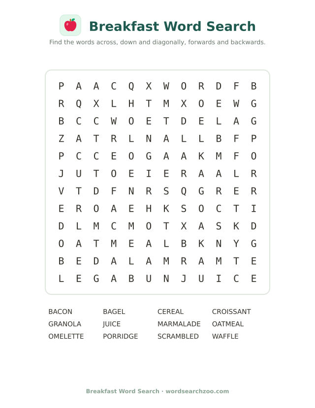Breakfast word search to print, a 12x12 grid with croissant, porridge, granola and marmalade