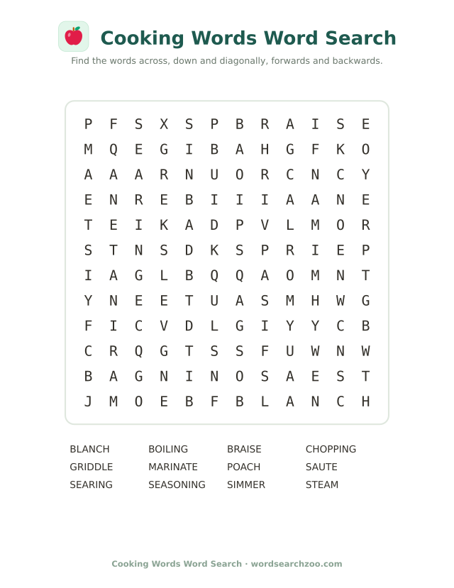 Cooking words word search to print, a 12x12 grid with simmer, braise, blanch and marinate