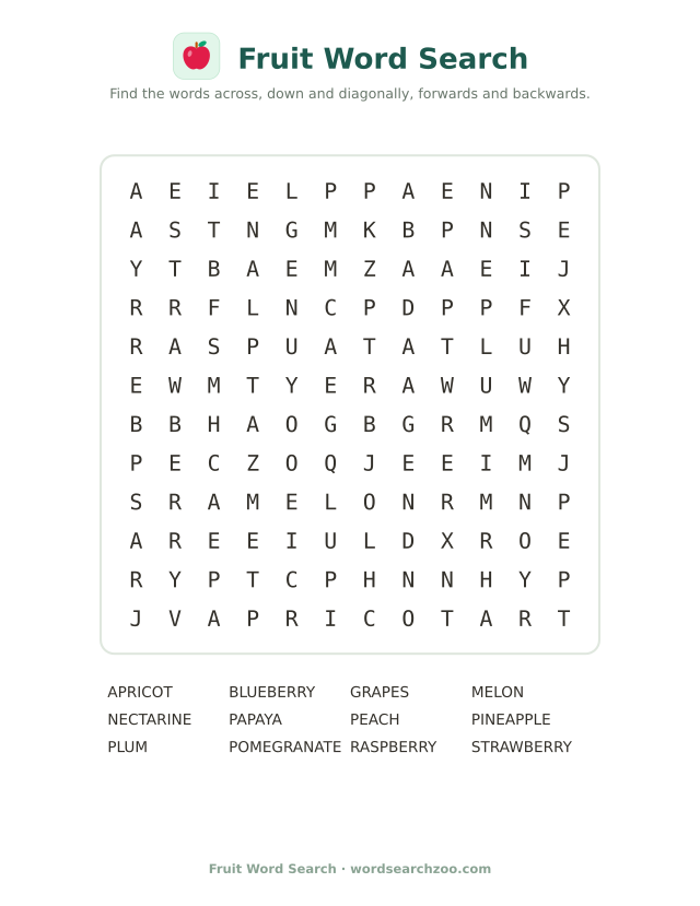 Fruit word search to print, a 12x12 grid with pomegranate, nectarine and pineapple