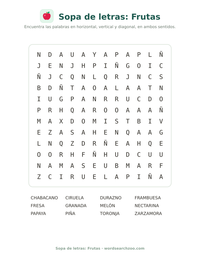 Sopa de letras de frutas, tablero de 12x12 con zarzamora, chabacano, durazno y toronja