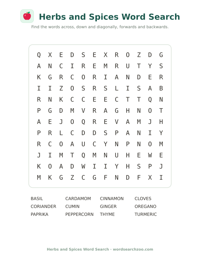 Herbs and spices word search to print, a 12x12 grid with turmeric, cardamom and coriander