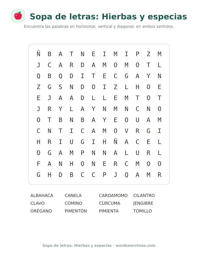 Sopa de letras de hierbas y especias, tablero de 12x12 con pimentón, cúrcuma y cardamomo