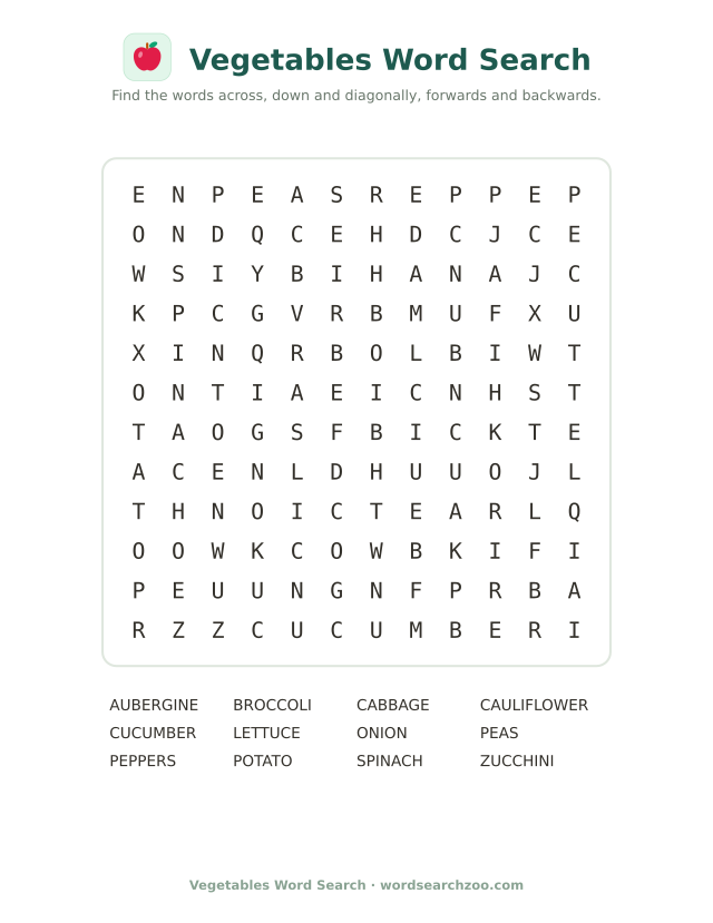 Vegetables word search to print, a 12x12 grid with cauliflower, aubergine and courgette