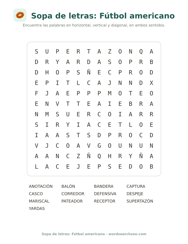 Sopa de letras de fútbol americano