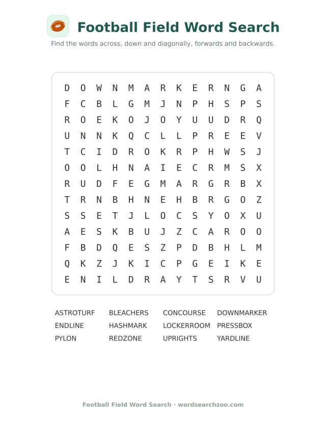 Football field word search to print, a 13x13 grid with yard line, hash mark and end line