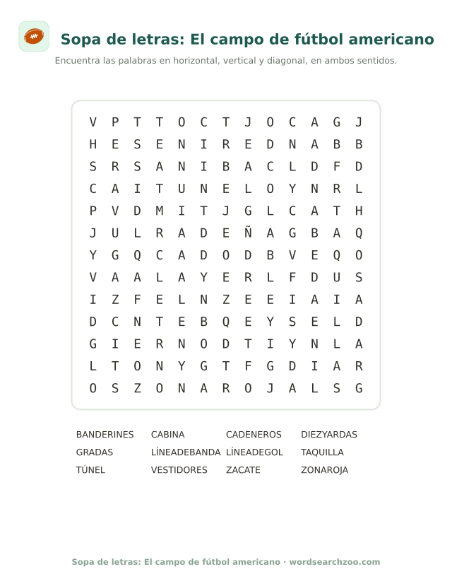 Sopa de letras del campo de fútbol americano, tablero de 13x13 con zona roja, zacate y banderines