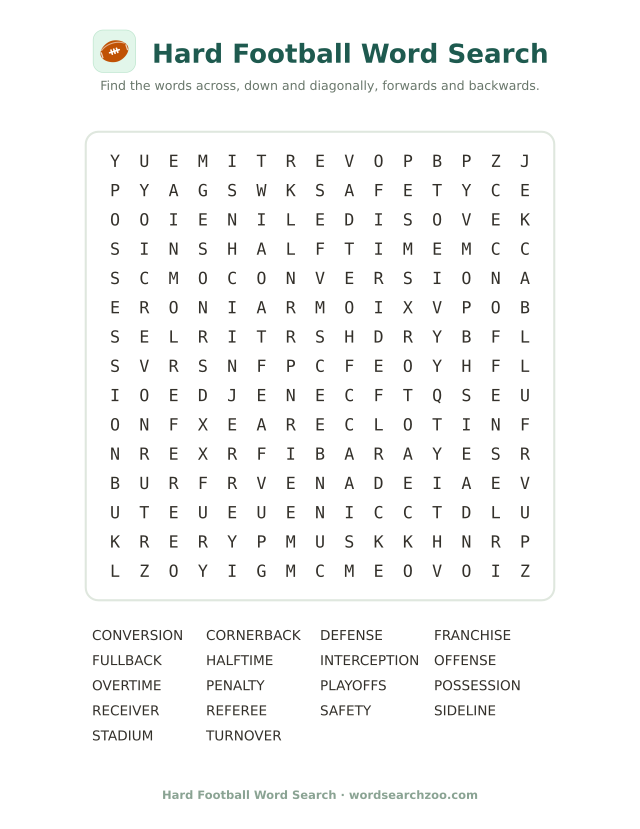Hard football word search, a 15x15 printable grid with eighteen long words