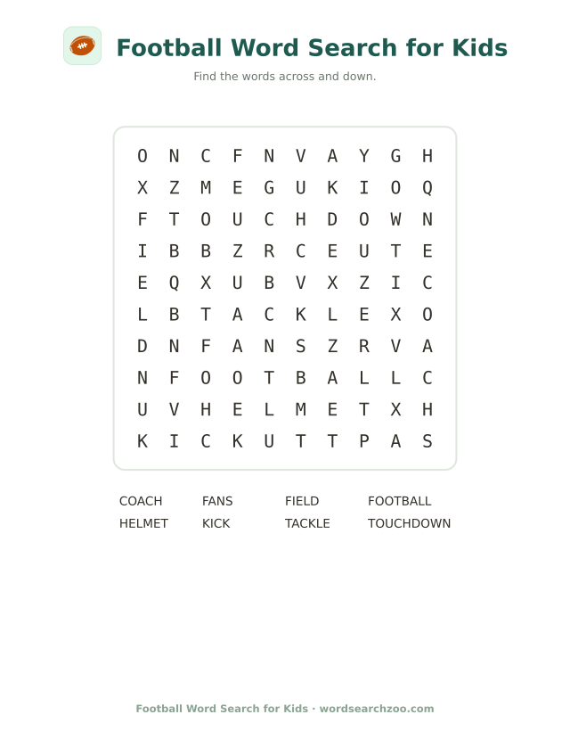 Football word search for kids, a 10x10 printable grid with eight easy words