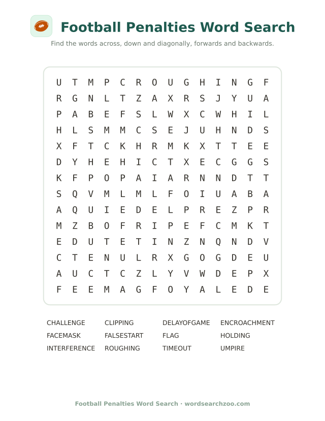 Football penalties word search to print, a 14x14 grid with holding, false start and encroachment