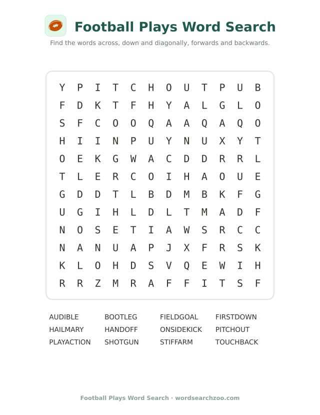 Football plays word search to print, a 12x12 grid with handoff, shotgun and Hail Mary