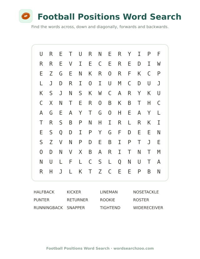 Football positions word search to print, a 13x13 grid with running back, tight end and nose tackle