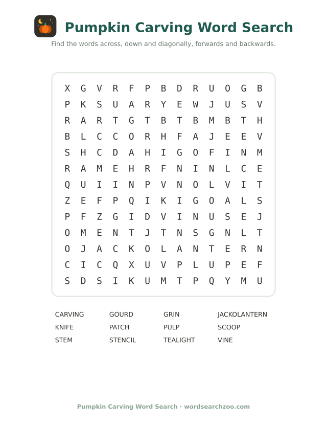 Pumpkin carving word search to print, a 13x13 grid with jack o lantern, stencil and tealight