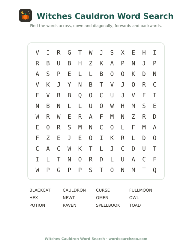 Witches cauldron word search to print, a 12x12 grid with potion, spellbook and blackcat