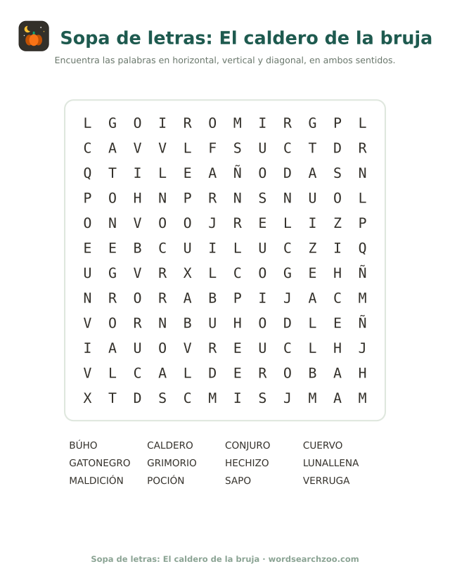Sopa de letras del caldero de la bruja, tablero de 12x12 con poción, conjuro y grimorio