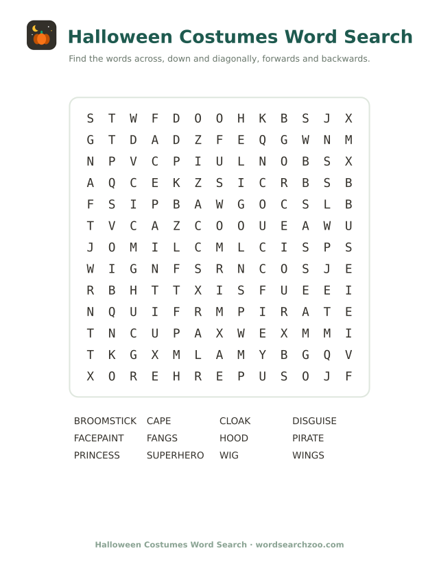 Halloween costumes word search to print, a 13x13 grid with facepaint, fangs and broomstick