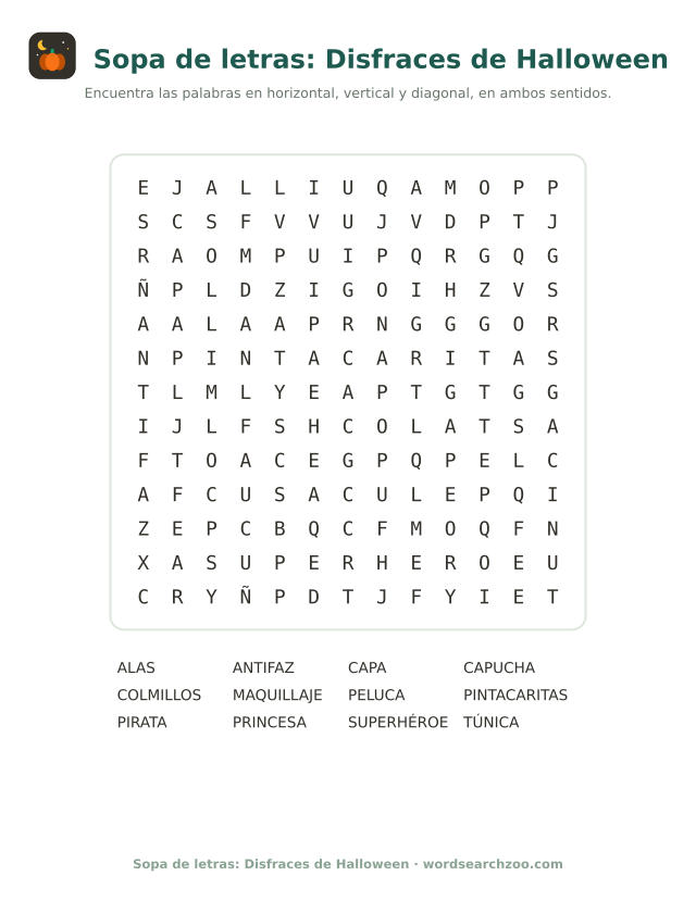 Sopa de letras de disfraces de Halloween, tablero de 13x13 con antifaz, colmillos y pintacaritas
