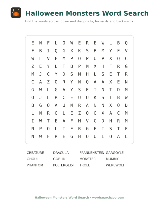 Halloween monsters word search to print, a 13x13 grid with werewolf, poltergeist and gargoyle
