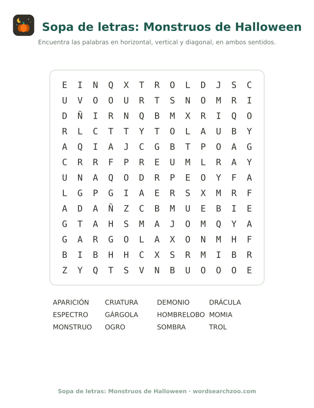 Sopa de letras de monstruos de Halloween, tablero de 13x13 con hombrelobo, gárgola y espectro