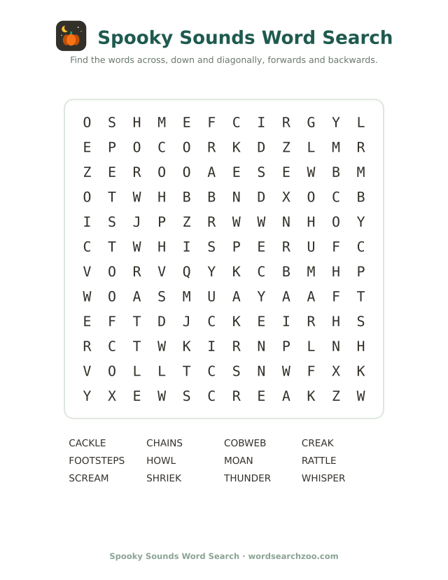 Spooky sounds word search to print, a 12x12 grid with creak, shriek and cackle