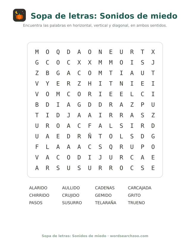 Sopa de letras de sonidos de miedo, tablero de 12x12 con crujido, aullido y carcajada