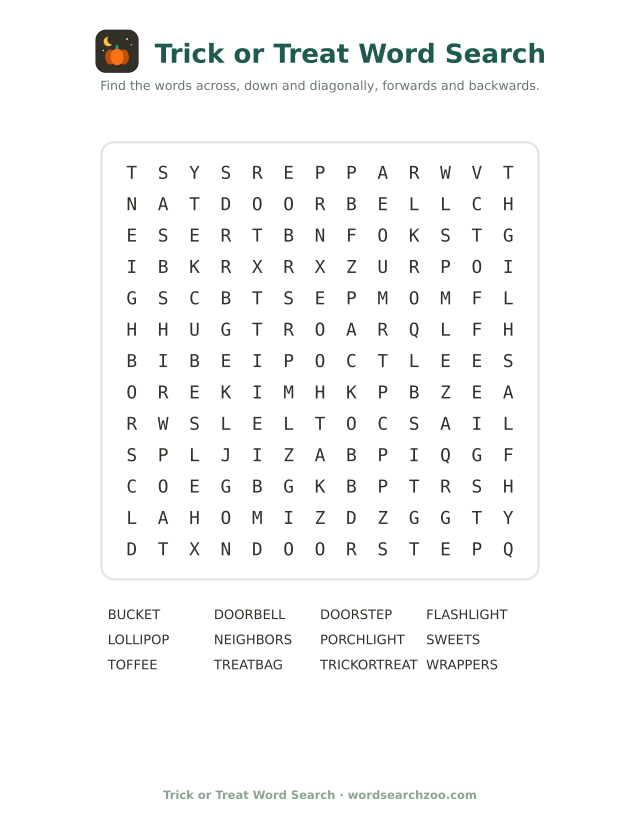 Trick or treat word search to print, a 13x13 grid with doorbell, porchlight and treat bag