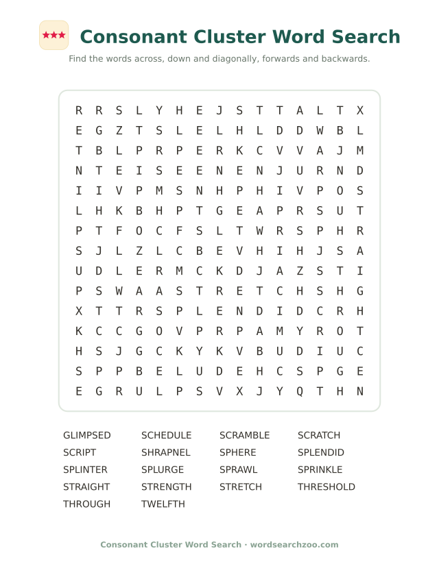 Consonant cluster word search to print, a 15x15 grid with strength, scramble and threshold