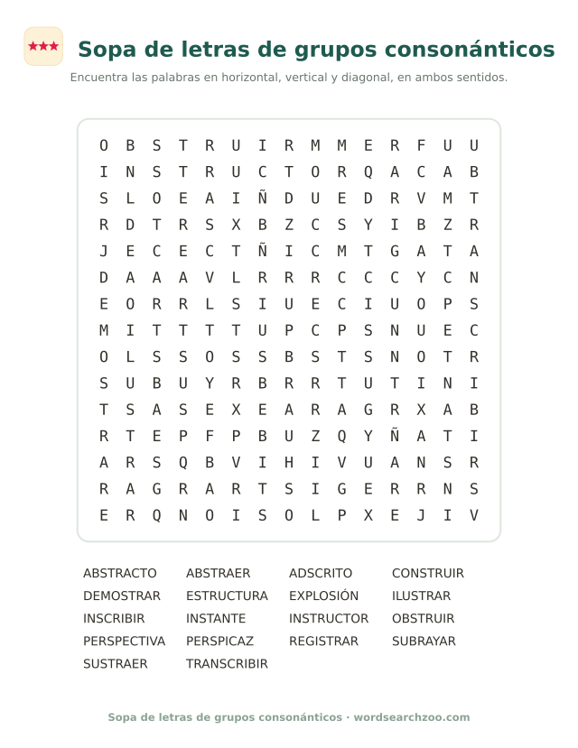 Sopa de letras de grupos consonánticos, tablero de 15x15 con construir, abstracto y perspectiva