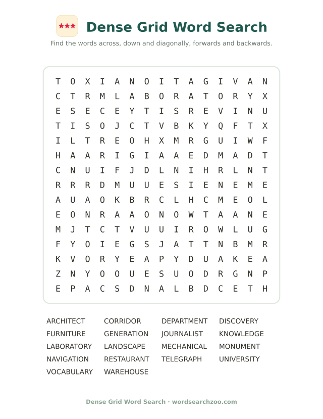 Dense grid word search to print, a 15x15 grid with laboratory, university and vocabulary