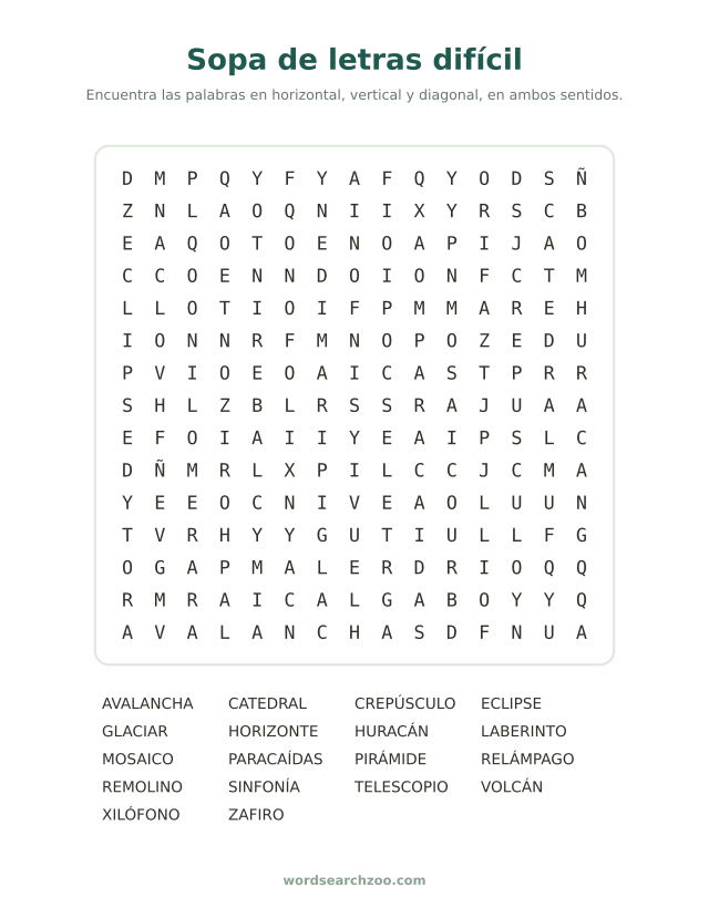 Sopa de letras difícil