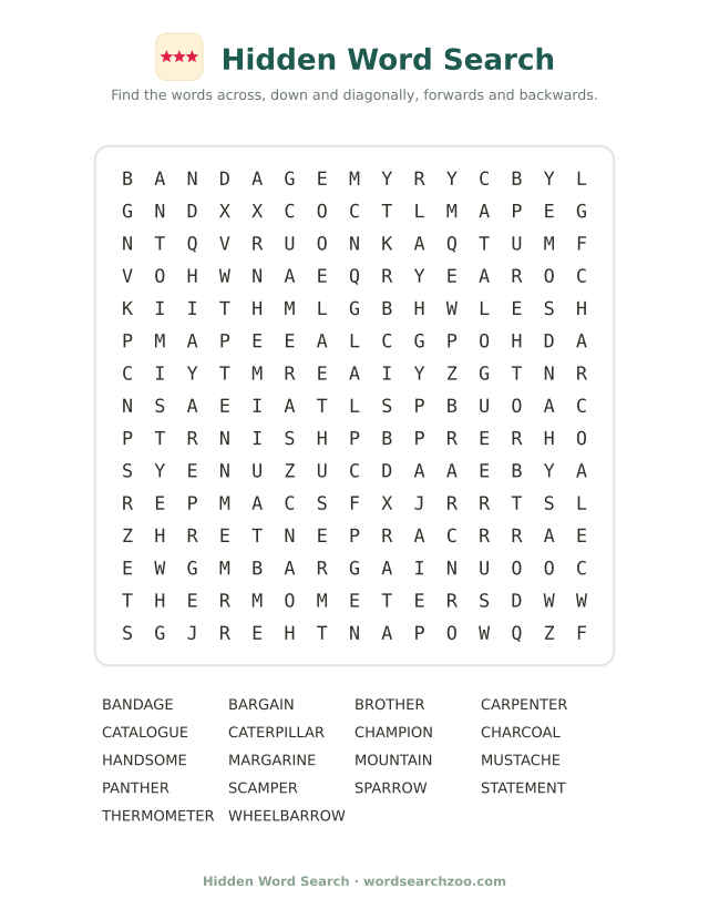 Hidden word search to print, a 15x15 grid with caterpillar, wheelbarrow and bargain