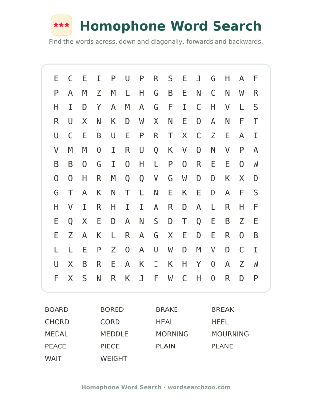 Homophone word search to print, a 15x15 grid with brake, break, peace and piece