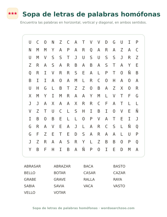 Sopa de letras de palabras homófonas, tablero de 15x15 con vaca, baca, casar y cazar