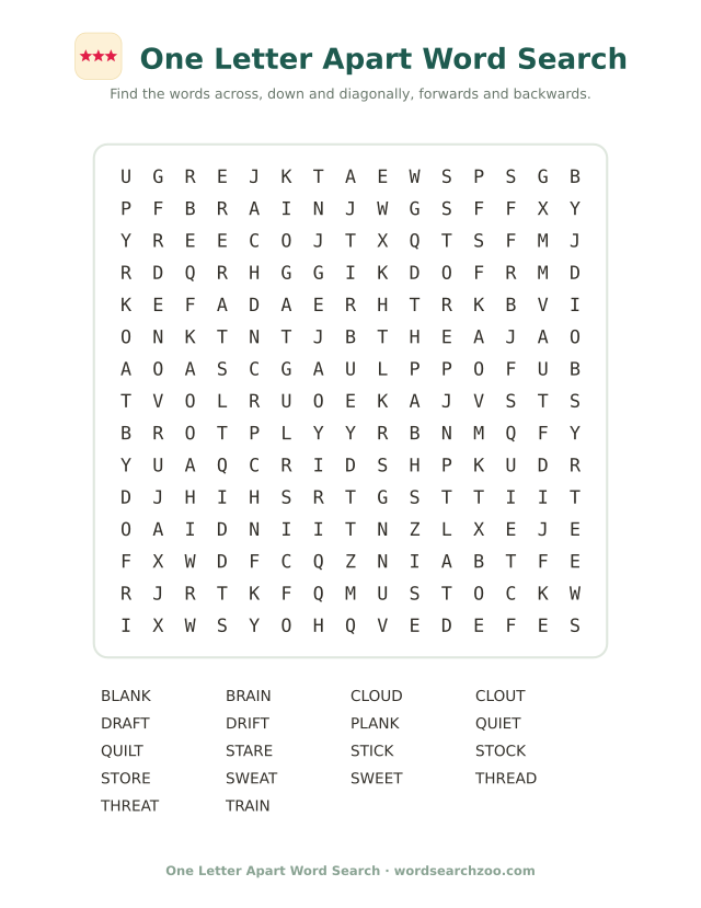 One letter apart word search to print, a 15x15 grid with stare, store, sweet and sweat