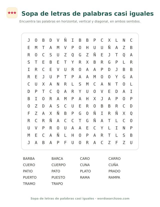 Sopa de letras de palabras casi iguales, tablero de 15x15 con cuna, cuña, caro y carro